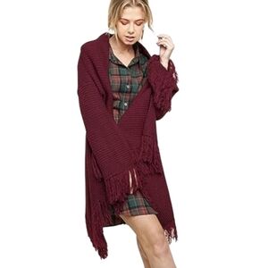 NWT Umgee Burgundy Fringed Open Front Cardigan Sweater